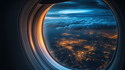 Stunning night city view captured from an airplane window, highlighting the vibrant lights below. Perfect for projects seeking a night city view with ample copy space for text.