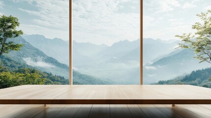 A light wooden dining table offers a stunning view of majestic mountains through a large window, perfect for capturing serene moments with ample copy space in the photo.