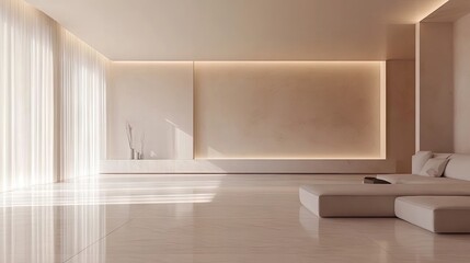 Fototapeta premium Minimalist interior design emphasizes sleek, contemporary furniture in a tranquil setting, creating an ideal atmosphere for modern living with ample photo style copy space.