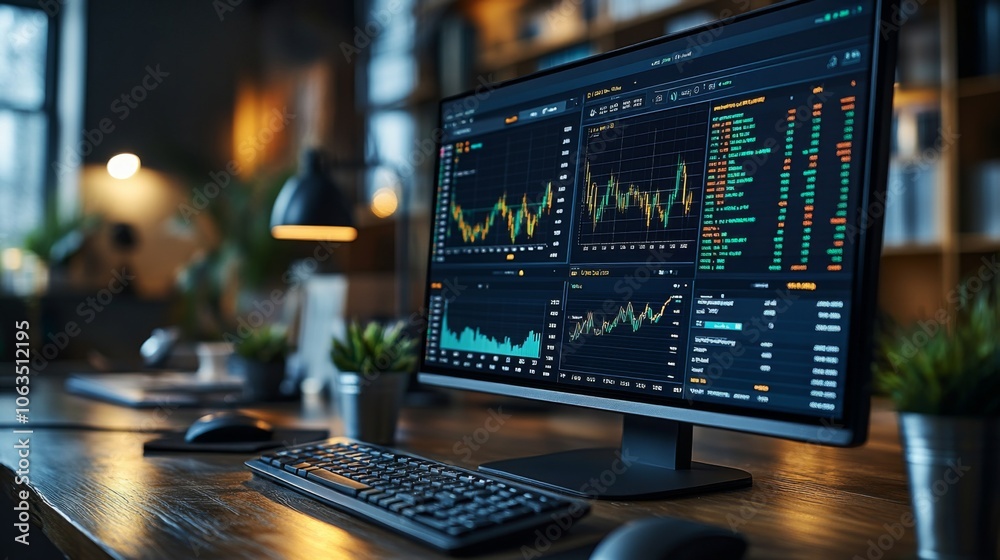 Aufkleber in a stylish workspace, a large monitor showcases detailed financial graphs and market data, accompa