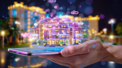 digital nomad is selecting city hotel on booking app, showcasing futuristic hotel design. vibrant colors and glowing lights create inviting atmosphere