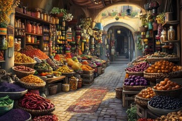 Fototapeta premium A Mediterranean market with stalls full of brightly colored spices, fruits, and vegetables.