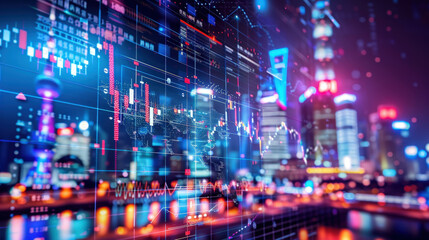 Obraz premium Digital financial data visualization with stock market graphs and city skyline at night, showcasing vibrant colors and technology