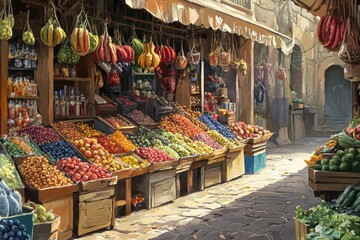 A Mediterranean market with stalls full of brightly colored spices, fruits, and vegetables.