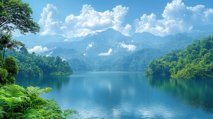 Serene Mountain Lake with Lush Greenery and Blue Sky Landscape Photography