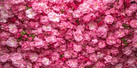 Fototapeta premium A lovely backdrop of pink rose blossoms fills the scene, viewed from above in close proximity, leaving ample room for text or other elements.
