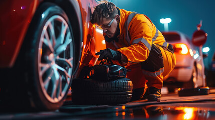 driver in orange safety suit is checking spare tire and emergency kit at night, ensuring safety and preparedness on road. scene conveys sense of diligence and responsibility