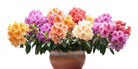 Obraz premium A lovely display of vibrant rhododendrons beautifully arranged in a pot, set against a clean white background, captures attention with their stunning colors and appearance.