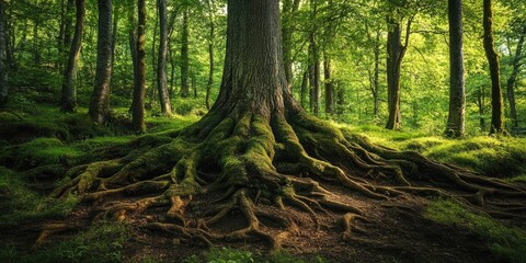 Obraz premium Respect for woodlands and loyalty to nature are exemplified by the tree roots that anchor firmly into the forest floor, showcasing their deep connection to the environment.