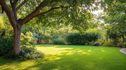 Obraz premium Tree in the garden creates a serene bottom scene view, emphasizing the beauty of nature with ample space for artistic expression and creative photography.