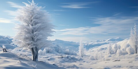 A lone, frosted tree stands tall in a snowy landscape, its branches reaching towards a clear, blue sky, showcasing the beauty of winter's icy embrace.