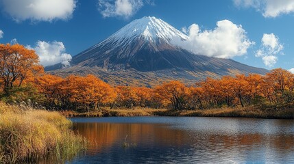 Fototapeta premium Majestic Mountain Peak with Autumn Foliage and Lake Reflection