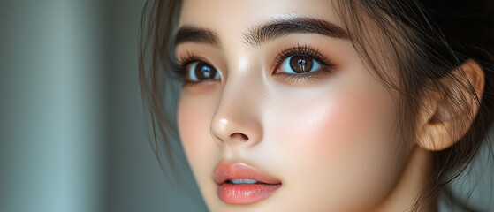 Fototapeta premium close up of woman face with flawless skin, highlighting her expressive eyes and natural makeup. soft lighting enhances her serene expression