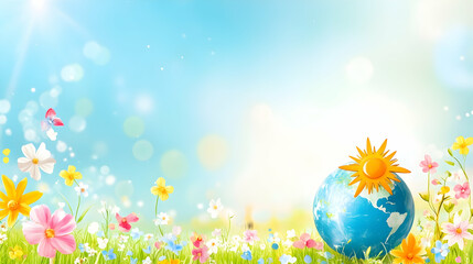 Naklejka premium Earth Day Spring Background, nature, flowers, green, blue, sky