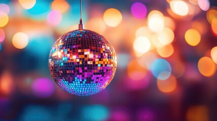 Shiny disco ball suspended in an energetic nightclub setting, reflecting vibrant lights and creating dynamic patterns, perfect for capturing the lively atmosphere with ample copy space.