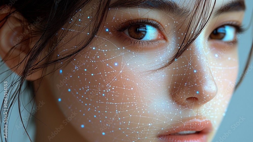 Aufkleber close up of woman face with digital light patterns, showcasing futuristic beauty and technology inte