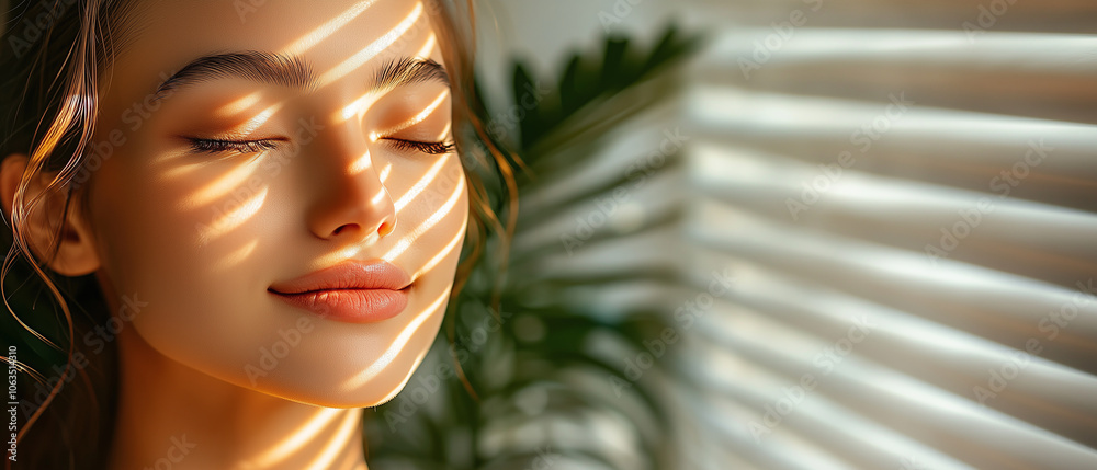 Poster woman with closed eyes enjoys sunlight streaming through blinds, creating striped patterns on her fa