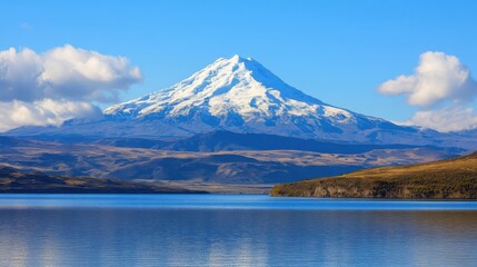 A snow-capped volcano standing tall in the distance,