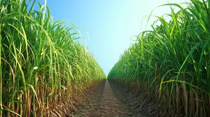 A lush sugarcane field stretches into the distance under a clear blue sky.