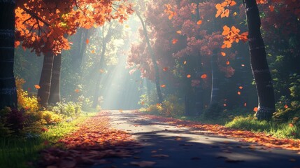 A picturesque road through a forest in autumn, with sunlight shining through the trees and leaves falling.