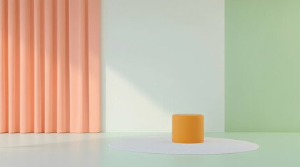 Minimalist Studio With Peach Curtains, White Rug and Yellow Cylinder, mockup, 3d rendering, studio background, product mockup, product placement