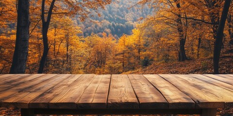 A wooden table offers a scenic perspective of a stunning autumn forest. This is a high quality photograph showcasing the beauty of the fall foliage.