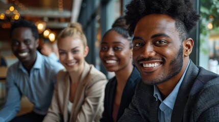 Fototapeta premium A group of happy businesspeople smiling while seated in a modern office lobby, exuding a professional and positive atmosphere.