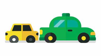 Fototapeta premium A cartoon-style image shows a green tow truck towing a yellow car. Playful and upbeat atmosphere with simplified vehicle designs.
