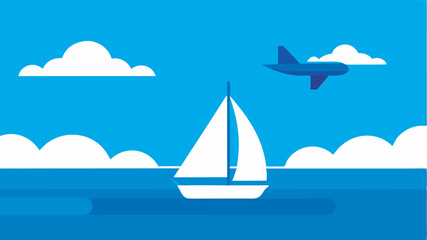Fototapeta premium Image shows calm sea, blue sky, sailboat with visible sails, small plane flying, promoting tranquility and freedom.