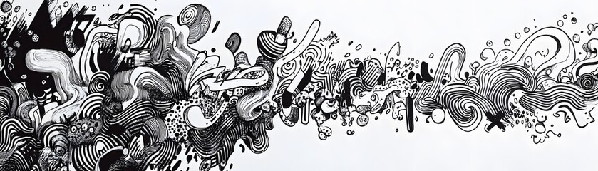Abstract Black and White Ink Drawing of Swirling Shapes