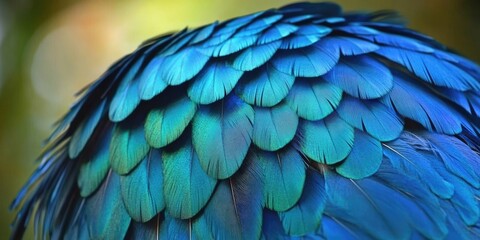 Close up view of the vibrant blue and green feathers of the Tropical Sapphire Peafowl, showcasing its stunning plumage and intricate details.