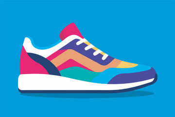 Colorful sneakers with gradient scheme on blue background. Pink heel cap on right, blue on left. Thick soles, white laces, striking visual appeal with visible shadow 