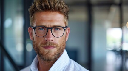 A bearded male entrepreneur wearing glasses stands confidently in a modern co-working office space, exuding a professional and determined aura.