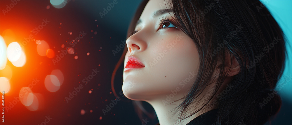 Poster woman gazes upward with serene expression, illuminated by warm, glowing light against dark backgroun