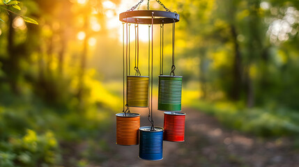 Colorful Can Wind Chime In A Forest, colorful wind chime, diy wind chime, recycled wind chime, homemade wind chime, wind chime in forest