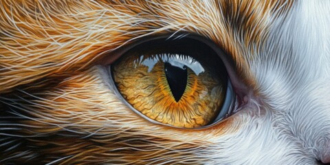 A close up perspective of a surprised cats eye highlights intricate details within the felines eye, showcasing the unusual behavior exhibited by the pet.