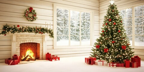 Cozy Christmas Cabin:  A warm and inviting Christmas cabin interior with a crackling fireplace, a beautifully decorated Christmas tree, and presents piled high. The image evokes feelings of comfort.