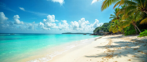 Fototapeta premium Beaches, crystal clear waters, palm trees, island, blue sky, sandy shore. Tourism, environmental preservation, sustainable development.Travel brochures, postcards, website headers, travel blog posts