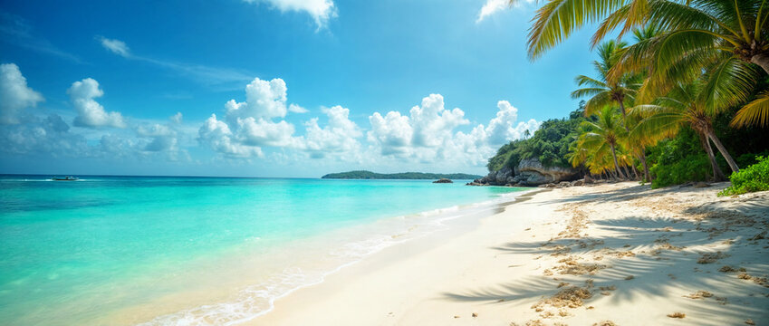 Beaches, crystal clear waters, palm trees, island, blue sky, sandy shore. Tourism, environmental preservation, sustainable development.Travel brochures, postcards, website headers, travel blog posts