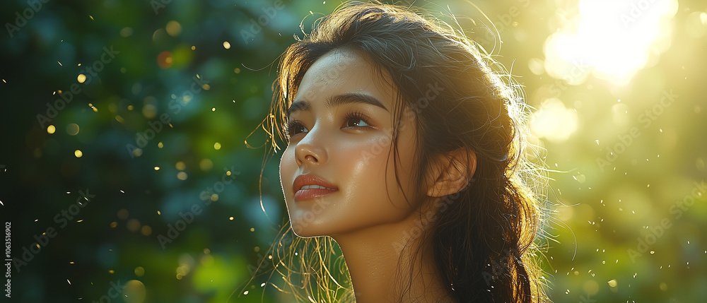 Aufkleber woman with serene expression gazes upward in sunlit forest, surrounded by floating particles