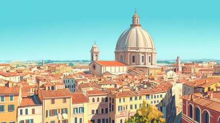 Fototapeta premium A city with a large dome on top of a building. generate ai image. Italian Renaissance Piazza. Illustration