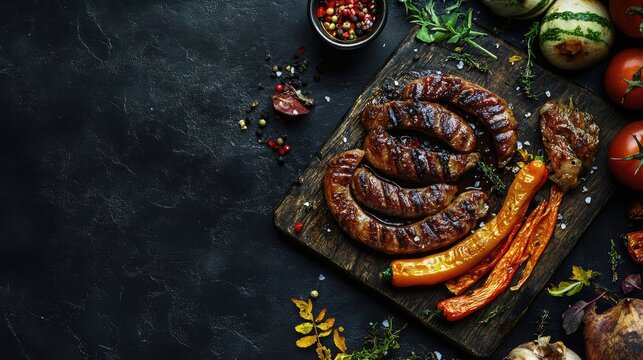 Autumn-inspired fried vegetables combined with savory merguez and tender meat slices, creating a delightful culinary scene perfect for seasonal dining, with ample copy space.