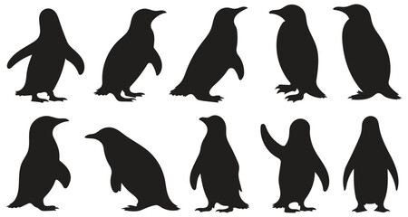 Set of penguin silhouettes in various poses. vector illustration isolated on white background.