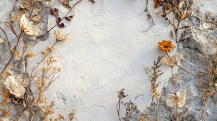 A close-up of a white wall presents a tiny frame of dried flowers set against a backdrop of both dry and fresh foliage, featuring vertical imagery with ample negative space.