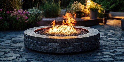 Eco friendly smokeless fire pit illuminated at night, showcasing glowing hot embers as they burn, creating a warm and inviting atmosphere.