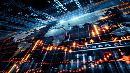 Digital world map with financial data and stock market trends displayed, showcasing potential growth and investment opportunities