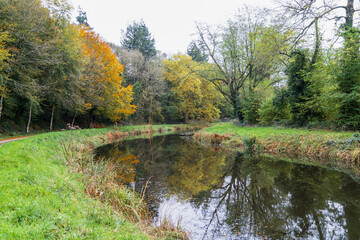 Le Canal de Nantes à Brest serpente entre les arbres aux couleurs d'automne, offrant un paysage paisible où se reflètent les feuillages dorés.