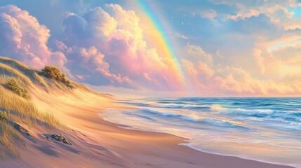 Obraz premium A vibrant rainbow stretches elegantly across a beach adorned with shifting dunes, with turquoise ocean waves gently lapping at the shore, creating a tranquil scene with ample space for text.