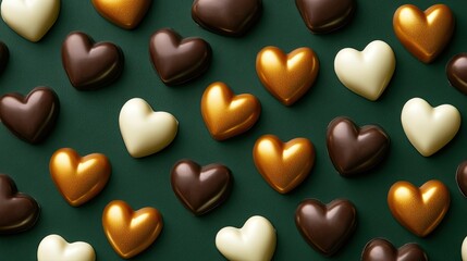 Christmas seamless background banner panorama with a pattern of golden, brown, and white chocolate hearts, isolated on a dark green backdrop, perfect for festive designs.