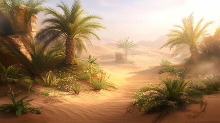 Desert Oasis Landscape, palm trees, sand dunes, sun, light, golden